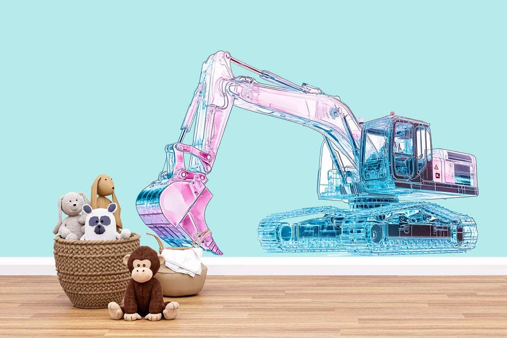 Pink Blue Excavator Wall Decal | Kids Construction Room Sticker | Transparent Style Digger Mural | Peel & Stick Boys Girls Nursery Decor