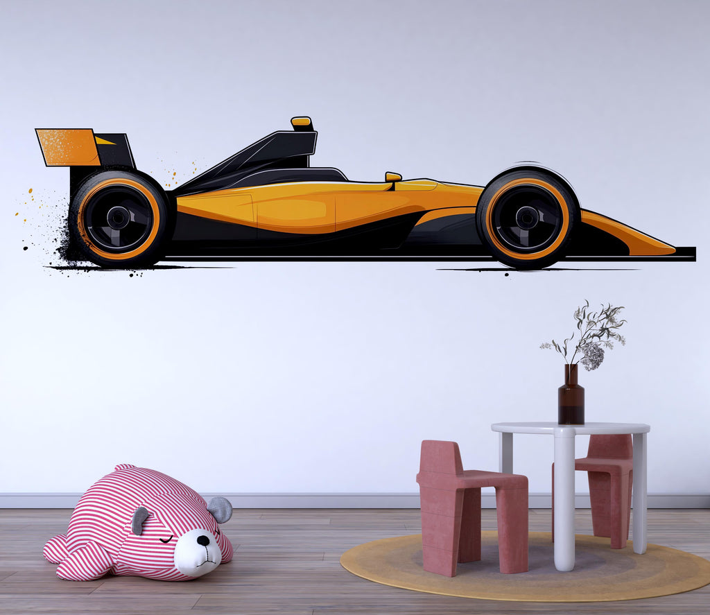 Orange Race Car Wall Decal | Kids Room Racing Car Sticker | Fast Speed Sports Car Mural | Peel & Stick Boys Bedroom Decor