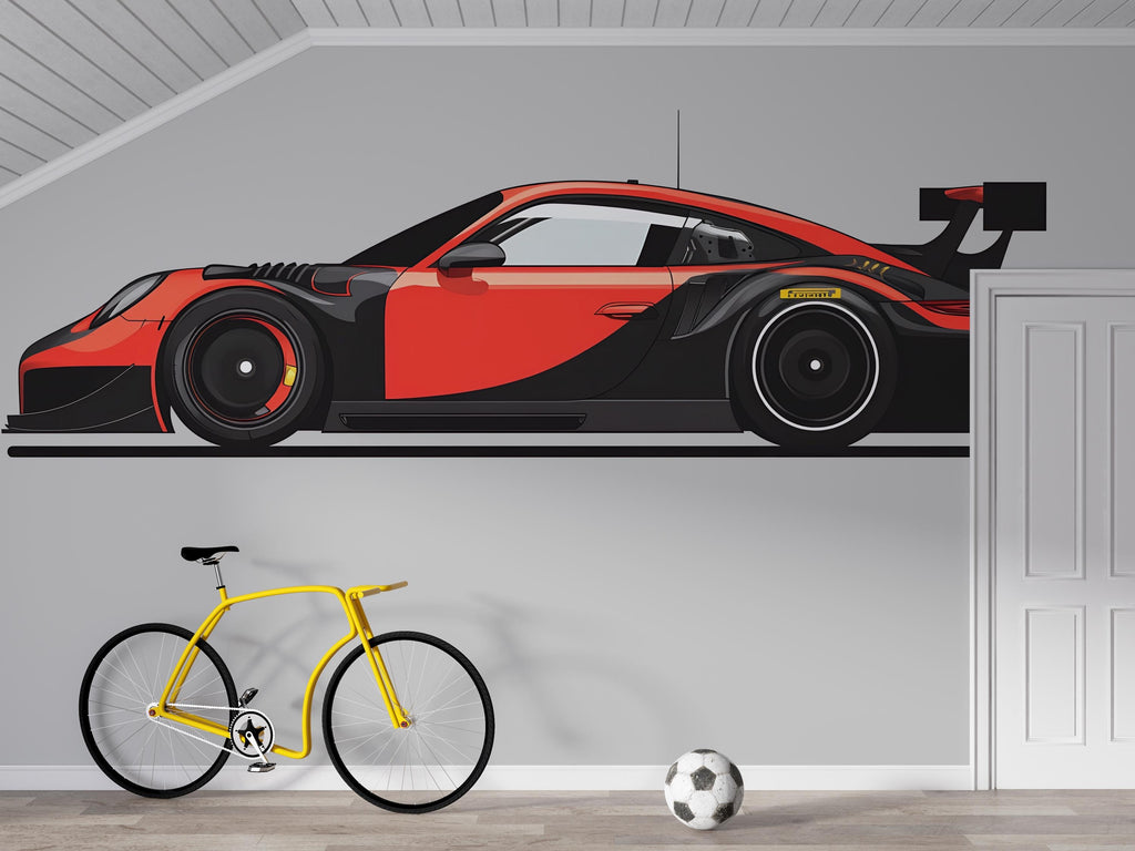 Red Race Car Wall Decal | Sports Car Sticker for Kids Room | Racing Theme Bedroom Decor | Peel & Stick Removable Wall Art | Boys Playroom