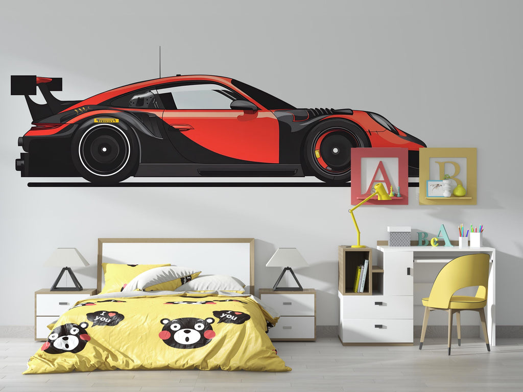 Red Race Car Wall Decal | Sports Car Sticker for Kids Room | Racing Theme Bedroom Decor | Peel & Stick Removable Wall Art | Boys Playroom