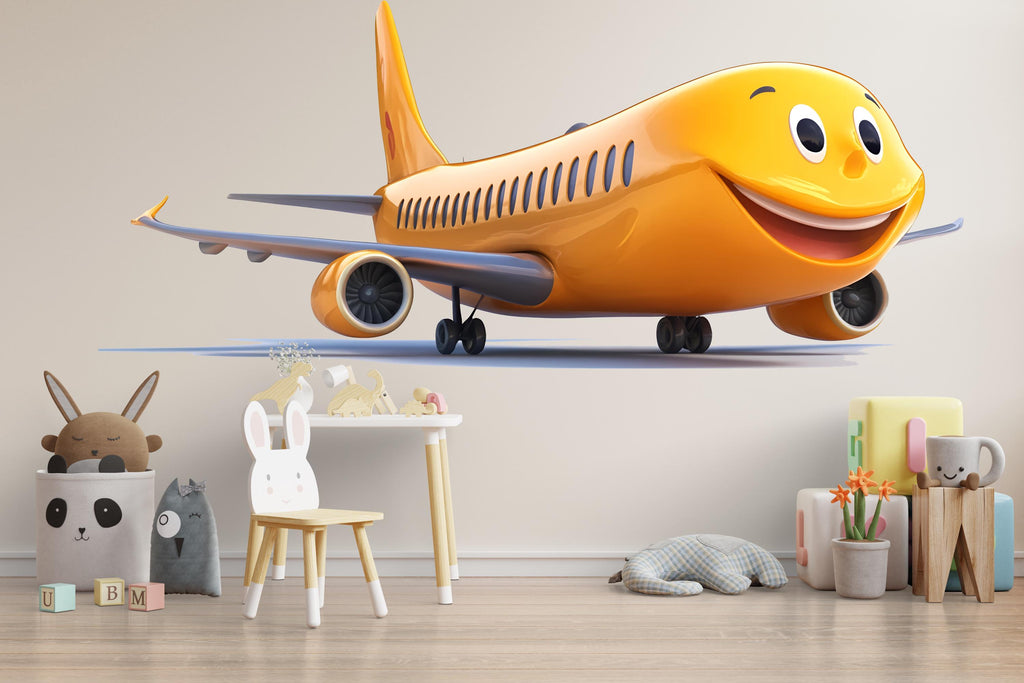 Smiling Orange Airplane Wall Decal | Cute Cartoon Plane Sticker for Kids | Nursery Aviation Decor | Peel & Stick Removable Wall Art