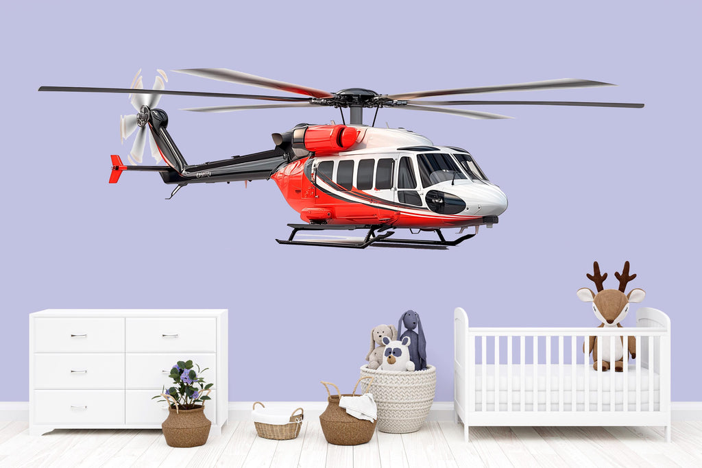 Red and Black Helicopter Wall Decal for Kids | Aviation Nursery Peel & Stick Wall Sticker | Large Removable Helicopter Mural for Boys