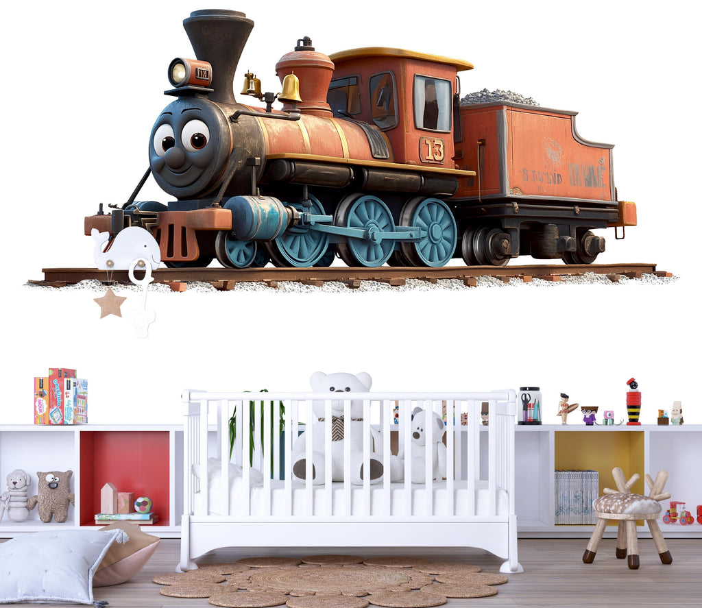 Cute Vintage Train Wall Decal for Kids | Smiling Train Nursery Wall Sticker | Large Peel & Stick Removable Train Mural for Boys Bedroom