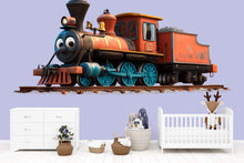 Load image into Gallery viewer, Cute Vintage Train Wall Decal for Kids | Smiling Train Nursery Wall Sticker | Large Peel &amp; Stick Removable Train Mural for Boys Bedroom