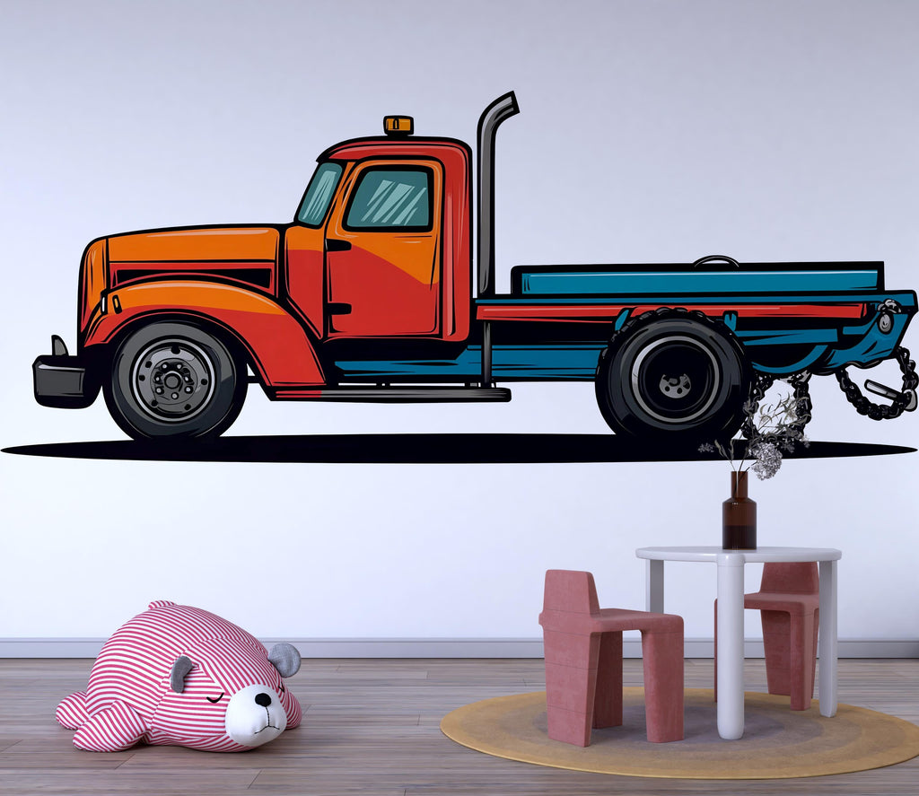 Colorful Tow Truck Wall Decal for Kids | Bold Cartoon Tow Truck Nursery Wall Sticker | Large Removable Peel & Stick Boys Room Mural