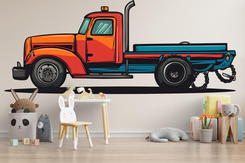 Colorful Tow Truck Wall Decal for Kids | Bold Cartoon Tow Truck Nursery Wall Sticker | Large Removable Peel & Stick Boys Room Mural
