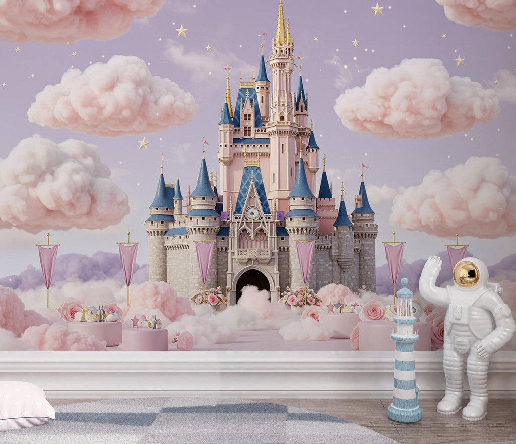 Princess Castle Wallpaper | Watercolor Cloud Wonderland Wall Mural | Fairytale Castle Palace Kids Room Decor | Magical Fairytale Art 217DE