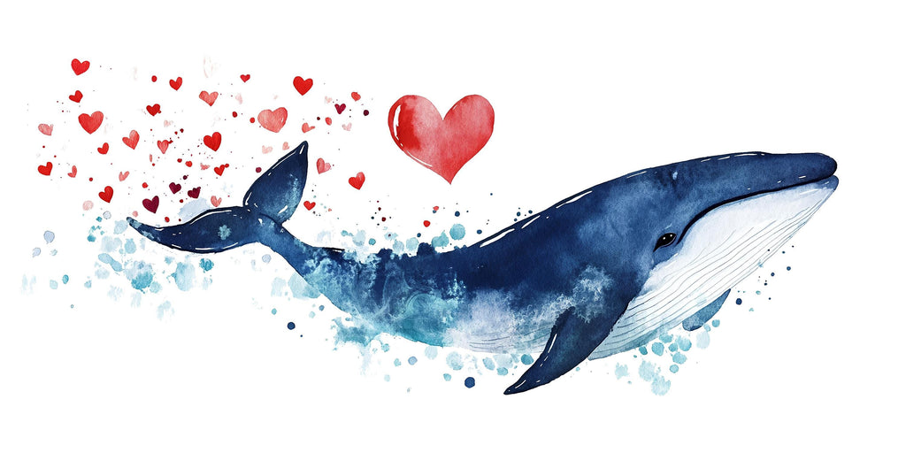 Blue Whale Wall Decal with Hearts | Nursery Ocean Wall Sticker for Kids | Large Peel & Stick Whale Mural | Cute Valentine Whale Decor