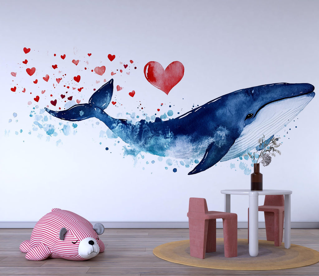 Blue Whale Wall Decal with Hearts | Nursery Ocean Wall Sticker for Kids | Large Peel & Stick Whale Mural | Cute Valentine Whale Decor