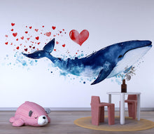 Load image into Gallery viewer, Blue Whale Wall Decal with Hearts | Nursery Ocean Wall Sticker for Kids | Large Peel &amp; Stick Whale Mural | Cute Valentine Whale Decor