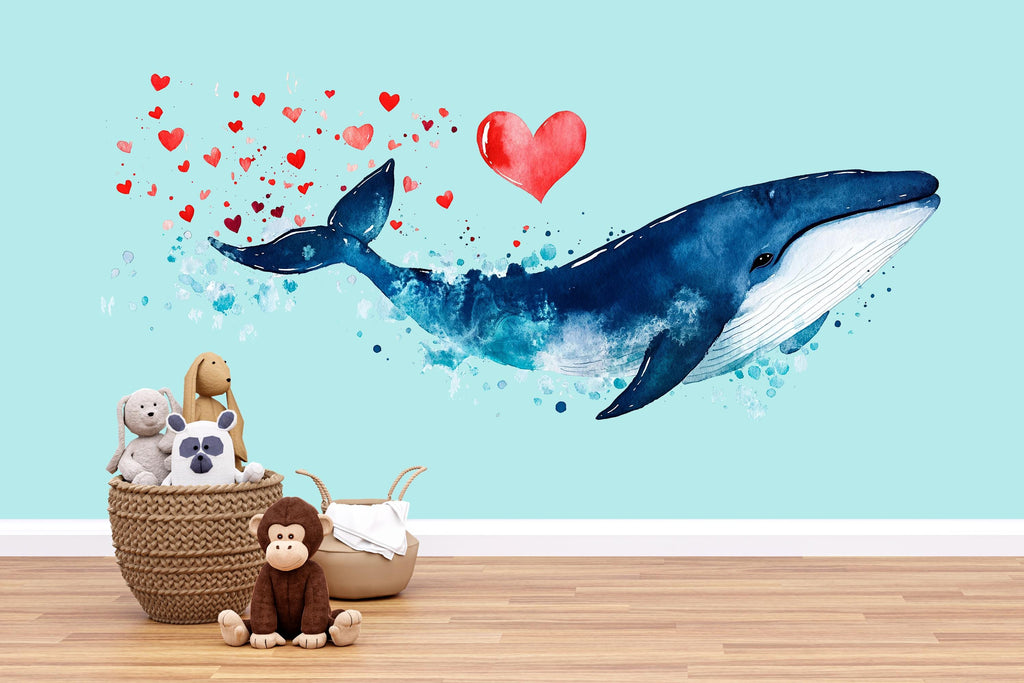Blue Whale Wall Decal with Hearts | Nursery Ocean Wall Sticker for Kids | Large Peel & Stick Whale Mural | Cute Valentine Whale Decor