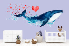 Load image into Gallery viewer, Blue Whale Wall Decal with Hearts | Nursery Ocean Wall Sticker for Kids | Large Peel &amp; Stick Whale Mural | Cute Valentine Whale Decor