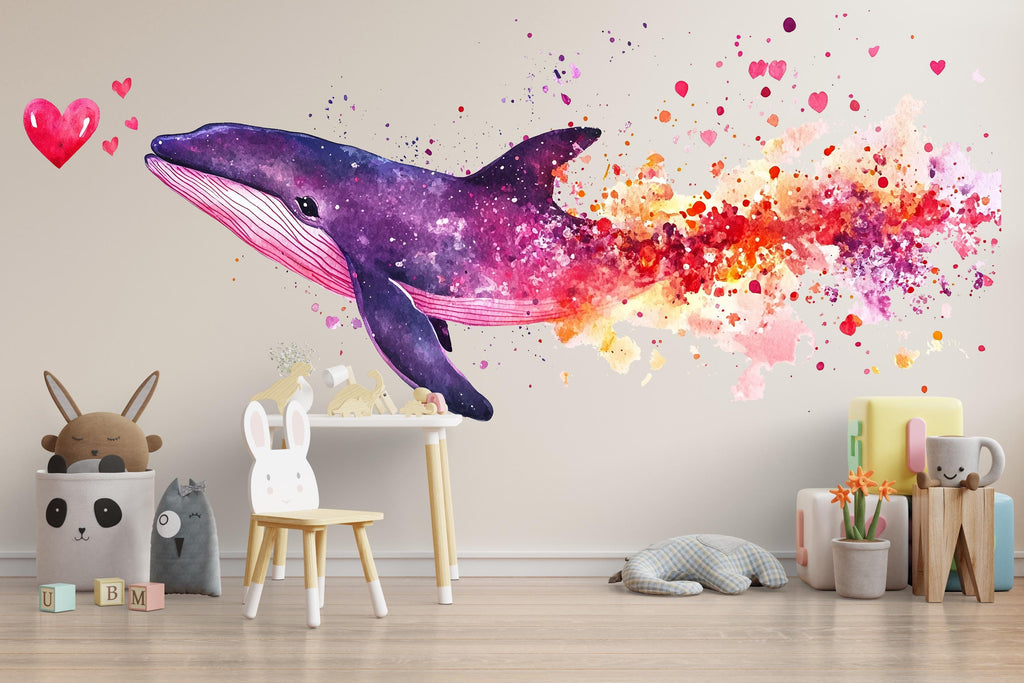 Galaxy Whale Wall Decal with Hearts | Watercolor Space Whale Nursery Wall Sticker | Colorful Peel & Stick Kids Mural | Baby Room Ocean Decor
