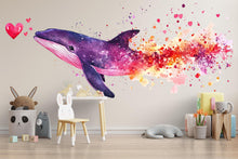 Load image into Gallery viewer, Galaxy Whale Wall Decal with Hearts | Watercolor Space Whale Nursery Wall Sticker | Colorful Peel &amp; Stick Kids Mural | Baby Room Ocean Decor