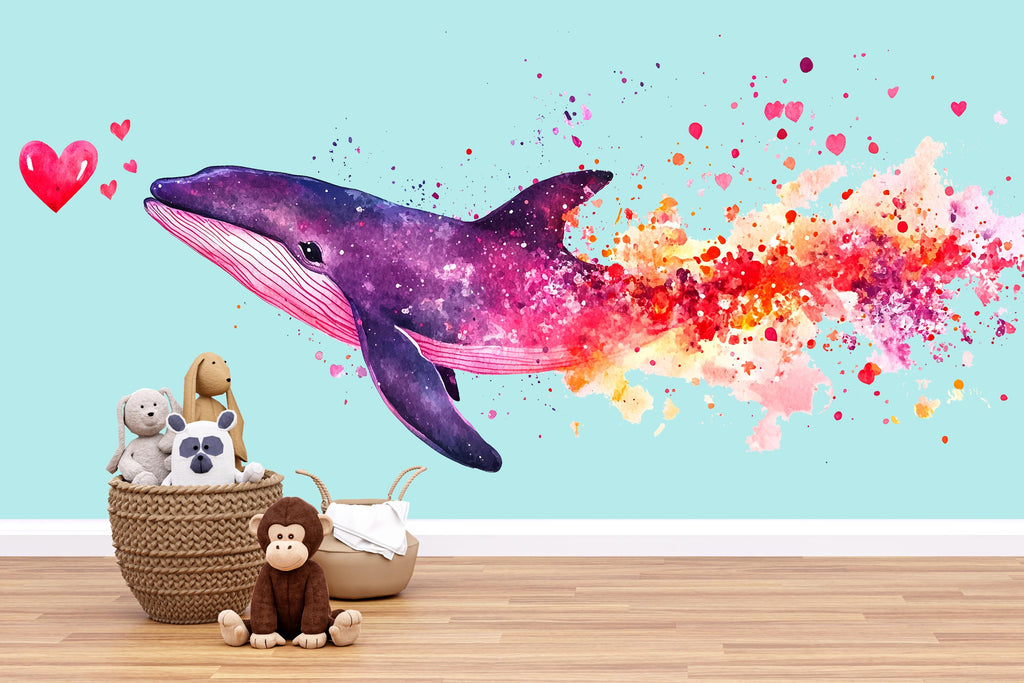 Galaxy Whale Wall Decal with Hearts | Watercolor Space Whale Nursery Wall Sticker | Colorful Peel & Stick Kids Mural | Baby Room Ocean Decor