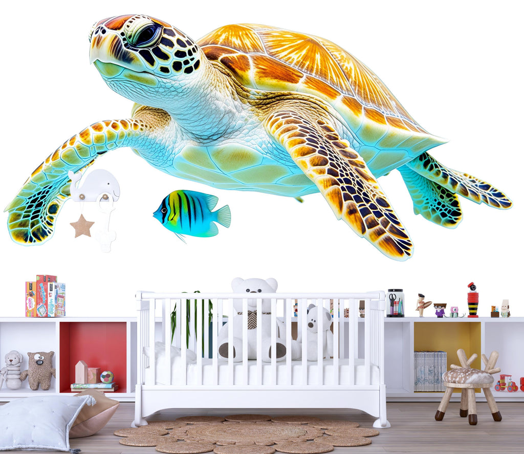 Tropical Sea Turtle Wall Decal with Fish | Bright Ocean Wall Sticker for Kids Room | Peel & Stick Nursery Mural | Underwater Beach Theme