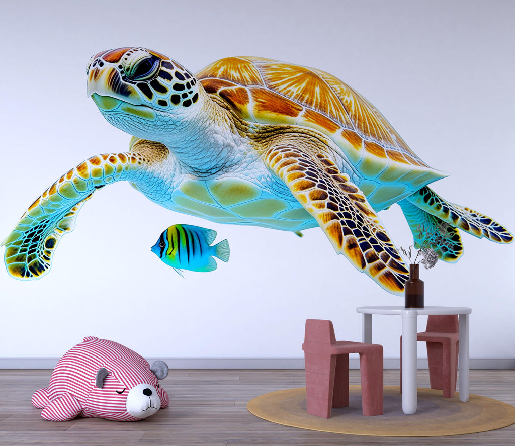 Tropical Sea Turtle Wall Decal with Fish | Bright Ocean Wall Sticker for Kids Room | Peel & Stick Nursery Mural | Underwater Beach Theme