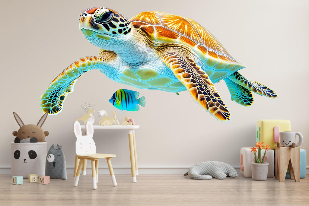 Tropical Sea Turtle Wall Decal with Fish | Bright Ocean Wall Sticker for Kids Room | Peel & Stick Nursery Mural | Underwater Beach Theme