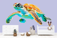 Load image into Gallery viewer, Tropical Sea Turtle Wall Decal with Fish | Bright Ocean Wall Sticker for Kids Room | Peel &amp; Stick Nursery Mural | Underwater Beach Theme