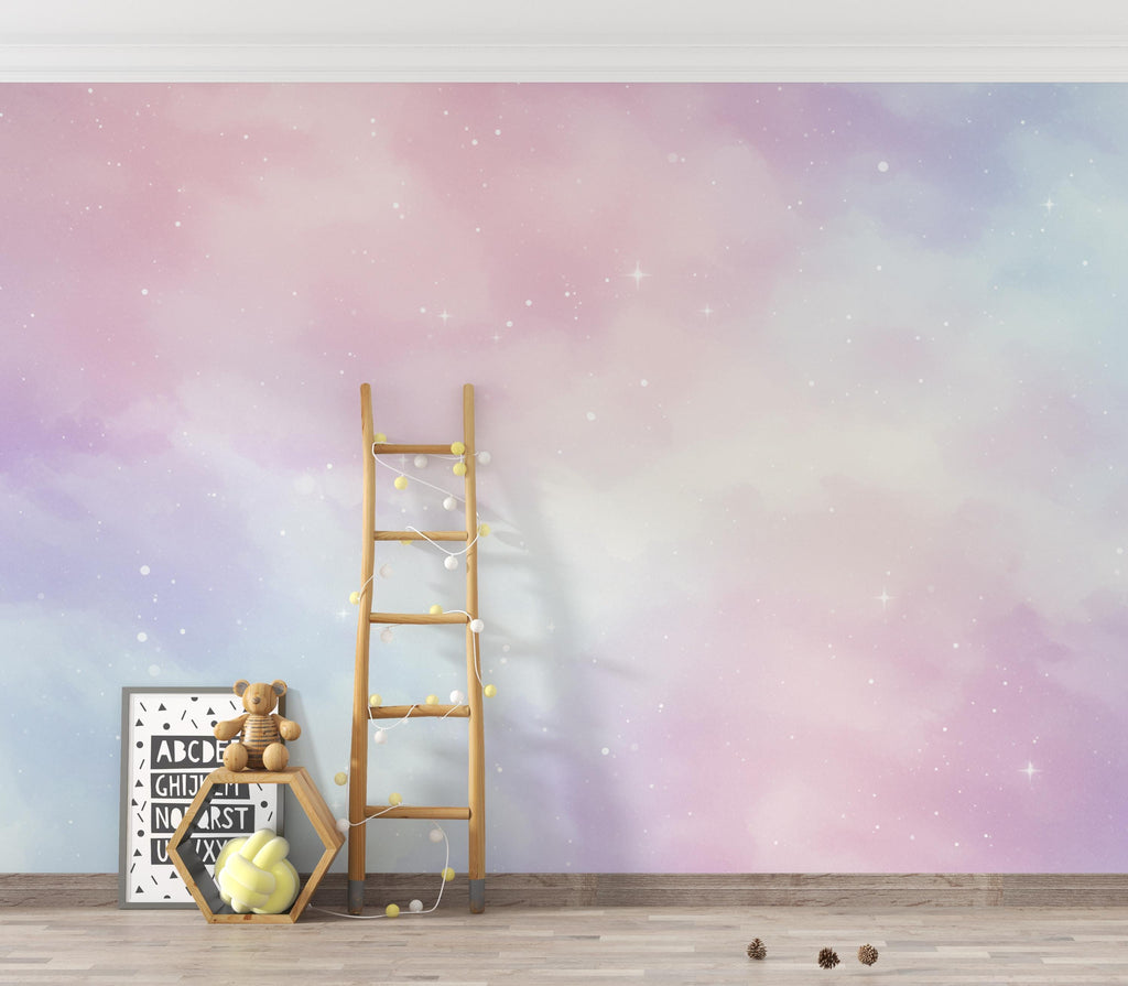 Pastel Space Nursery Wall Art, Watercolor Stars and Nebula Print, Soft Celestial Decor for Baby Room, Pink Blue Neutral Space Art 218DE
