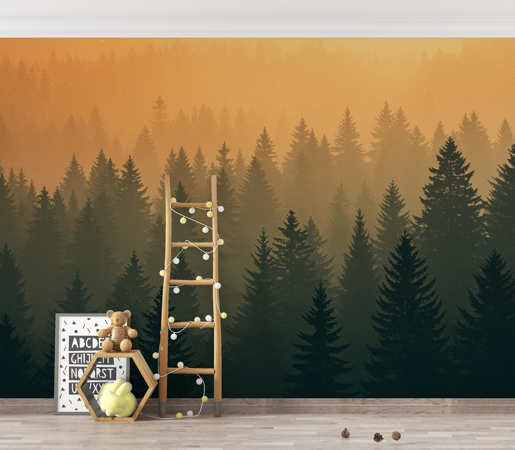 Dark Forest Wallpaper Mural, Dramatic Evergreen Tree Wall Art, Moody Green Woodland Decor, Luxury Painterly Nature Mural 219DE