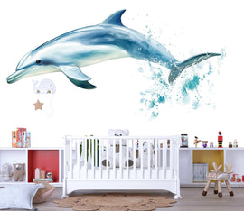 Watercolor Dolphin Wall Decal for Kids Room | Ocean Nursery Wall Sticker | Peel & Stick Sea Animal Mural | Baby Room Decor | Playroom