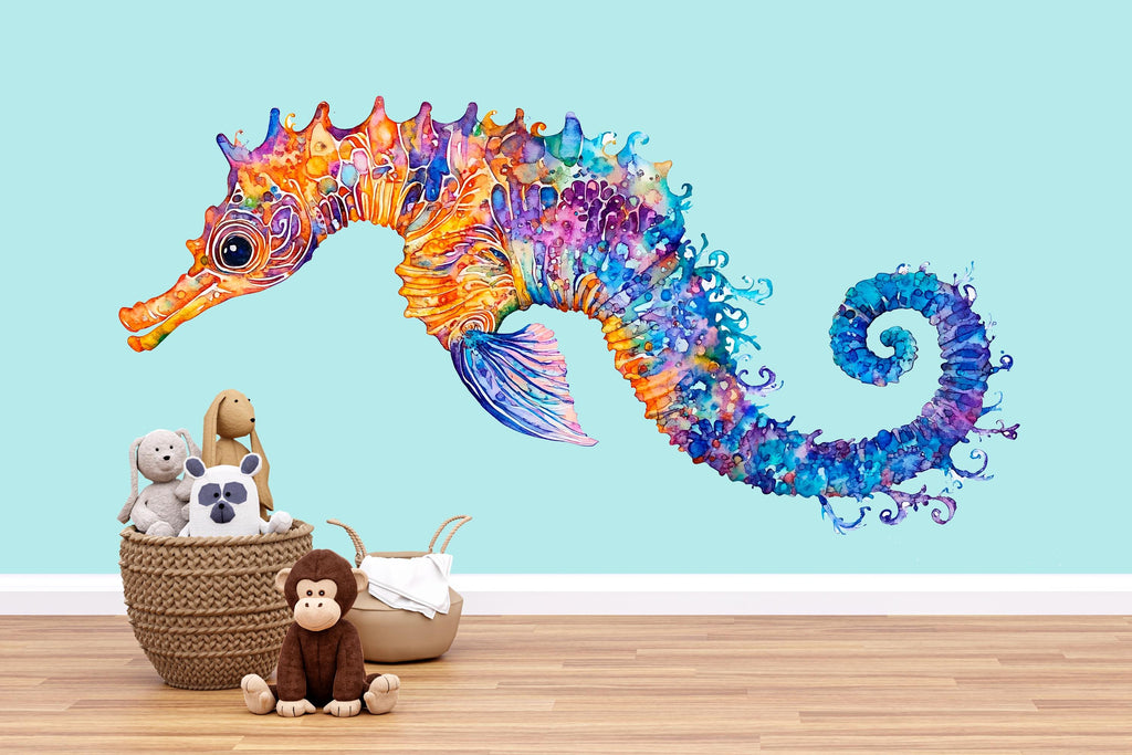 Watercolor Seahorse Wall Decal for Kids Room | Ocean Nursery Peel & Stick Wall Sticker | Colorful Sea Animal Mural | Playroom Underwater