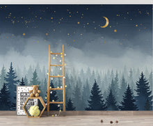 Load image into Gallery viewer, Dreamy Night Forest Wallpaper Mural – Watercolor Evergreen Trees, Crescent Moon &amp; Stars, Misty Blue Woodland Wall Art for Nursery Room 192DE