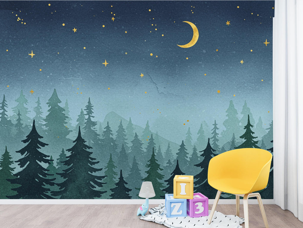 Dreamy Night Forest Wallpaper Mural – Watercolor Evergreen Trees, Crescent Moon & Stars, Misty Blue Woodland Wall Art for Nursery Room 193DE