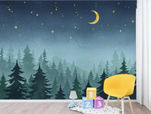 Load image into Gallery viewer, Dreamy Night Forest Wallpaper Mural – Watercolor Evergreen Trees, Crescent Moon &amp; Stars, Misty Blue Woodland Wall Art for Nursery Room 193DE