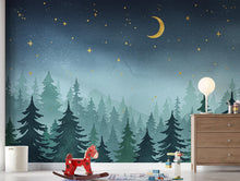 Load image into Gallery viewer, Dreamy Night Forest Wallpaper Mural – Watercolor Evergreen Trees, Crescent Moon &amp; Stars, Misty Blue Woodland Wall Art for Nursery Room 193DE