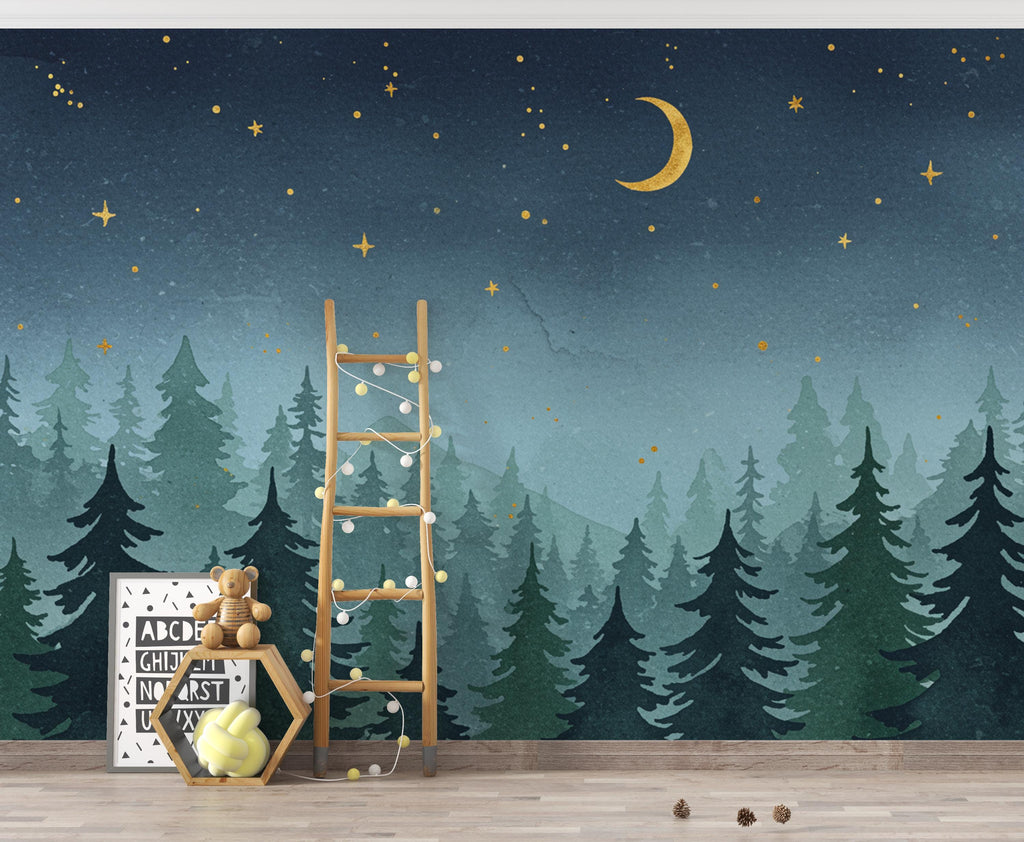 Dreamy Night Forest Wallpaper Mural – Watercolor Evergreen Trees, Crescent Moon & Stars, Misty Blue Woodland Wall Art for Nursery Room 193DE
