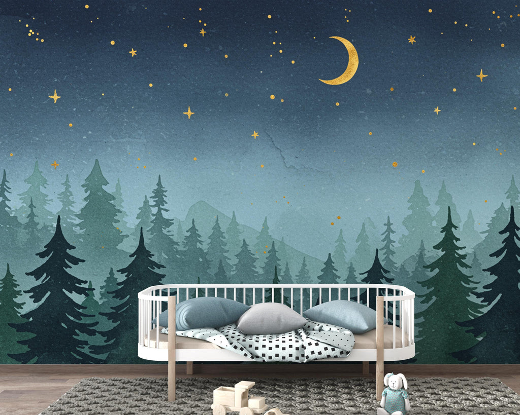 Dreamy Night Forest Wallpaper Mural – Watercolor Evergreen Trees, Crescent Moon & Stars, Misty Blue Woodland Wall Art for Nursery Room 193DE