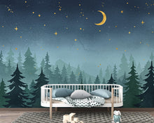 Load image into Gallery viewer, Dreamy Night Forest Wallpaper Mural – Watercolor Evergreen Trees, Crescent Moon &amp; Stars, Misty Blue Woodland Wall Art for Nursery Room 193DE