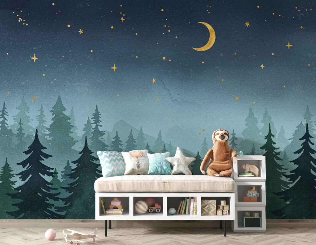 Dreamy Night Forest Wallpaper Mural – Watercolor Evergreen Trees, Crescent Moon & Stars, Misty Blue Woodland Wall Art for Nursery Room 193DE