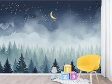 Load image into Gallery viewer, Dreamy Night Forest Wallpaper Mural – Watercolor Evergreen Trees, Crescent Moon &amp; Stars, Misty Blue Woodland Wall Art for Nursery Room 194DE