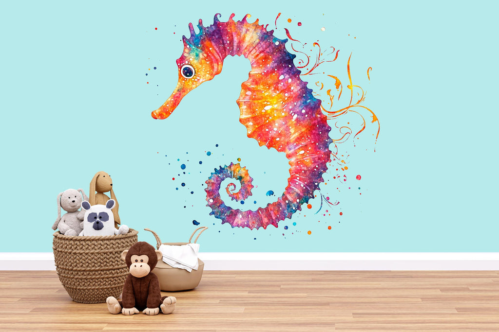 Colorful Watercolor Seahorse Wall Decal | Ocean Nursery Peel And Stick Wall Sticker | Under The Sea Kids Room Decor | Baby Room Wall Art