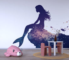 Load image into Gallery viewer, Night Ocean Mermaid Wall Decal For Nursery Or Kids Room, Fantasy Underwater Wall Sticker, Mermaid Silhouette Wall Art, Peel And Stick Decor