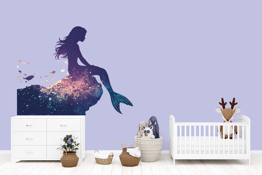 Night Ocean Mermaid Wall Decal For Nursery Or Kids Room, Fantasy Underwater Wall Sticker, Mermaid Silhouette Wall Art, Peel And Stick Decor