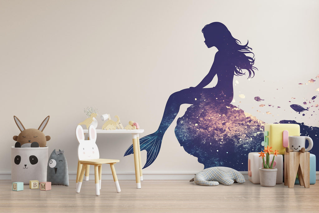 Night Ocean Mermaid Wall Decal For Nursery Or Kids Room, Fantasy Underwater Wall Sticker, Mermaid Silhouette Wall Art, Peel And Stick Decor