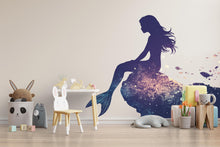 Load image into Gallery viewer, Night Ocean Mermaid Wall Decal For Nursery Or Kids Room, Fantasy Underwater Wall Sticker, Mermaid Silhouette Wall Art, Peel And Stick Decor