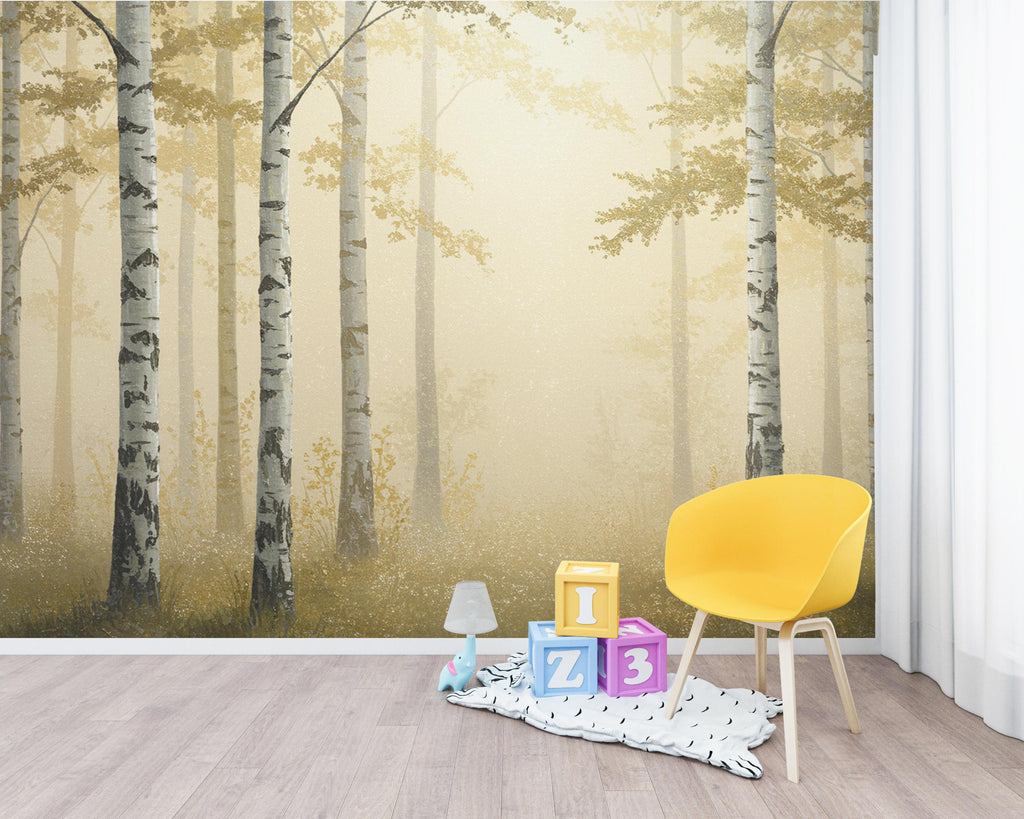 Gold Forest Wallpaper Mural, Dramatic Gold Tree Wall Art, Moody Gold Woodland Decor, Luxury Painterly Nature Mural 224DE
