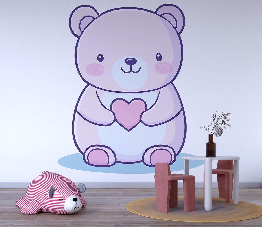 Kawaii Bear Wall Decal For Nursery Or Kids Room, Cute Pastel Bear Holding Heart Wall Sticker, Baby Room Wall Art, Peel And Stick Decor