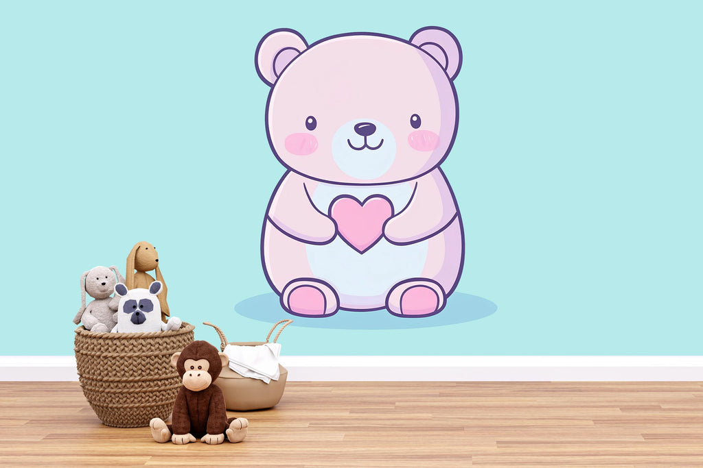Kawaii Bear Wall Decal For Nursery Or Kids Room, Cute Pastel Bear Holding Heart Wall Sticker, Baby Room Wall Art, Peel And Stick Decor