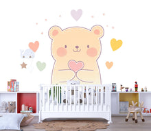 Load image into Gallery viewer, Kawaii Bear Wall Decal With Hearts For Nursery Or Kids Room, Cute Pastel Bear Wall Sticker, Baby Room Wall Art, Peel And Stick Decor