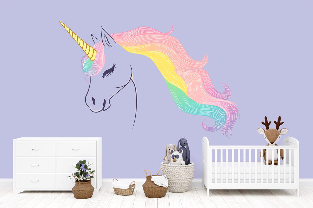 Kawaii Unicorn Wall Decal For Nursery Or Kids Room, Pastel Rainbow Unicorn Head Wall Sticker, Cute Fantasy Baby Room Wall Art