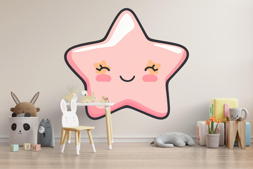 Kawaii Star Wall Decal For Nursery Or Kids Room, Cute Smiling Star Wall Sticker, Pastel Baby Room Wall Art, Peel And Stick Decor