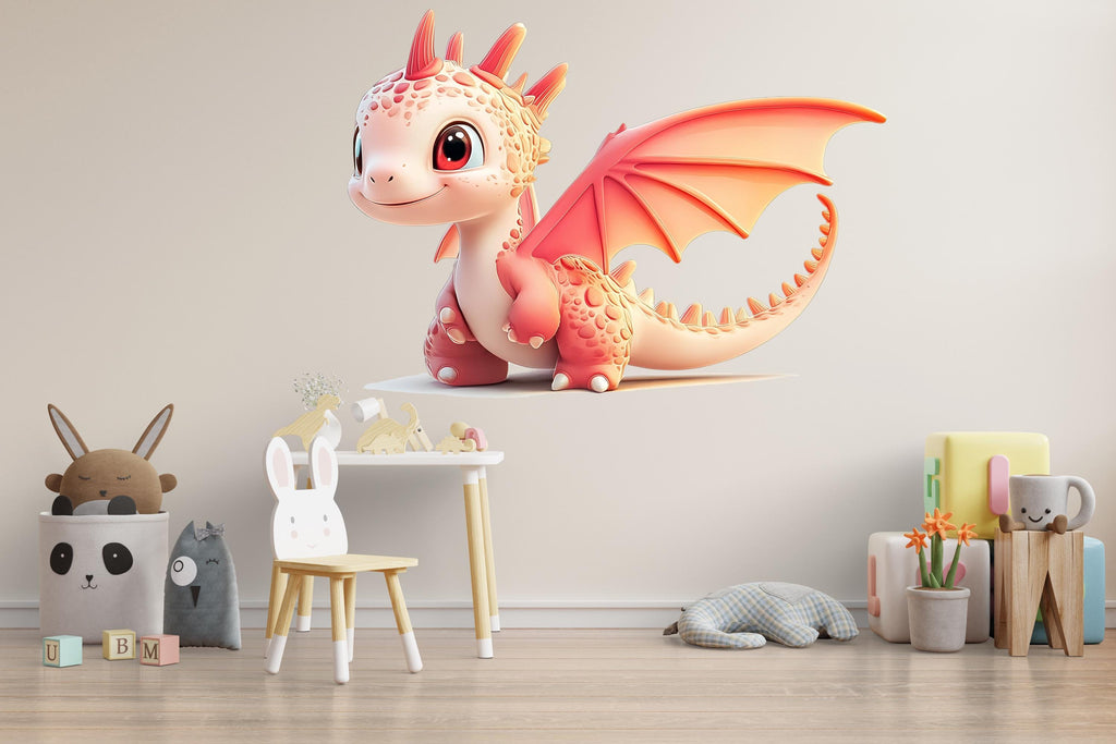 Kawaii Dragon Wall Decal For Nursery Or Kids Room, Cute Pink Baby Dragon Wall Sticker, Fantasy Baby Room Wall Art, Peel And Stick Decor
