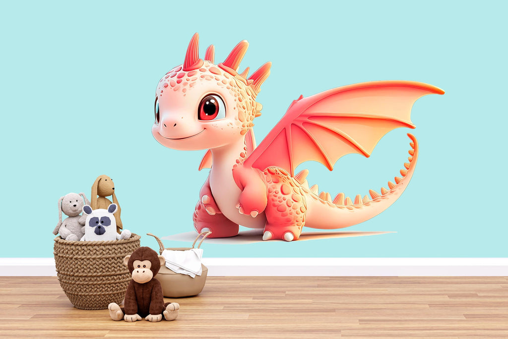 Kawaii Dragon Wall Decal For Nursery Or Kids Room, Cute Pink Baby Dragon Wall Sticker, Fantasy Baby Room Wall Art, Peel And Stick Decor