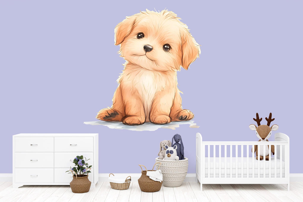 Kawaii Puppy Wall Decal For Nursery Or Kids Room, Cute Baby Dog Wall Sticker, Watercolor Puppy Nursery Wall Art, Peel And Stick Decor